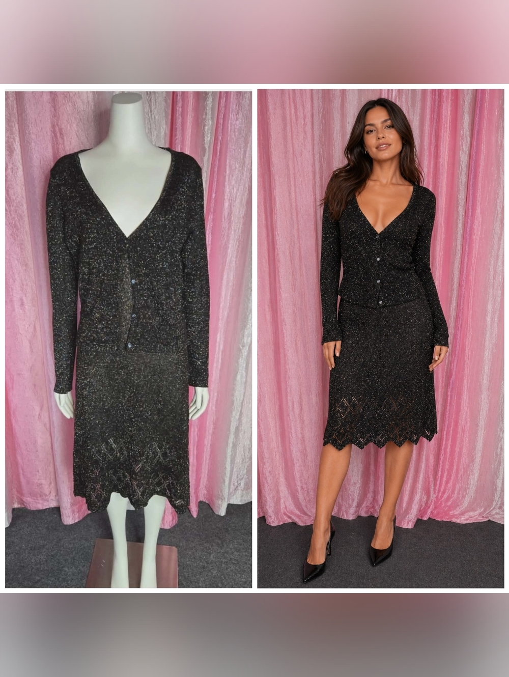 Moda International Metallic Knit Shimmer 2 Piece Dress & Cardigan Size Large